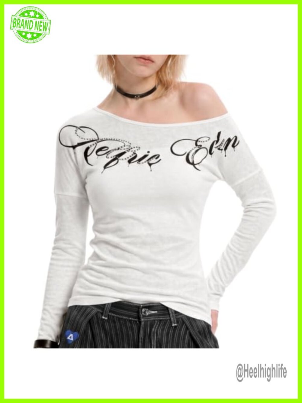 Off-Shoulder Chain Graphic Long Sleeve Tee